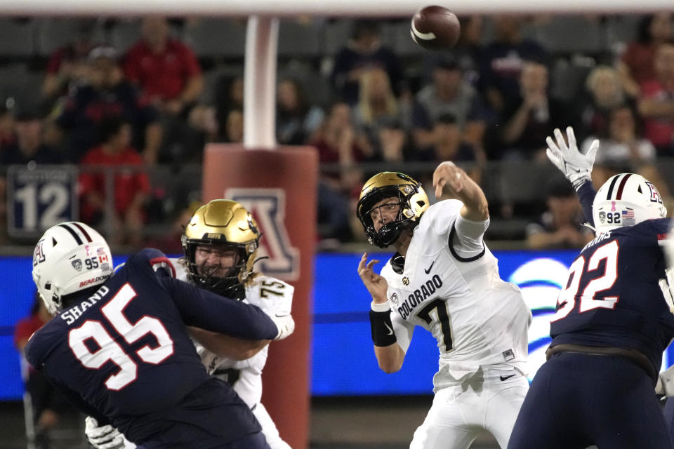 Colorado quarterback Owen McCown (7) throws a pass against Arizona during the second half of an NCAA college football game Saturday, Oct. 1, 2022, in Tucson, Ariz. (AP Photo/Rick Scuteri)