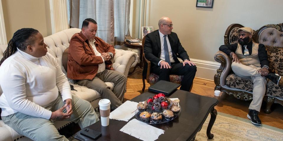 From the left, Tiff Lowe, the program manager of the Group Violence Initiative, Detective Commander Andy Baez, York County District Attorney Dave Sunday, and York City Police Commissioner Mike Muldrow, with a team of six, discuss how four years of work with many people involved paid off with a dramatic decline in gun violence in York in 2023.