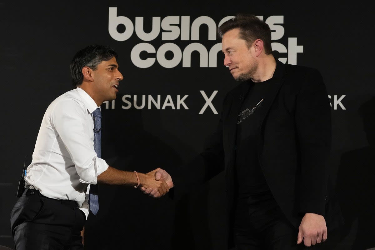 Rishi Sunak shakes hands with Elon Musk (Kirsty Wigglesworth/PA) (PA Wire)