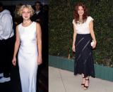 Drew Barrymore, photographiée en 1993 et 2012<br> Drew a toujours changé ses cheveux aussi souvent qu’elle a changé de style de vêtements. Nous préférons de beaucoup Drew avec de longues vagues en vrac, et une tenue semi-décontractée. Elle a l'air plus jeune et plus dynamique. (Getty Images)