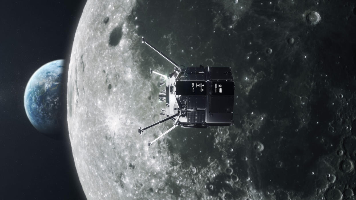  a spacecraft flying with the moon in behind it. behind the moon is the earth 