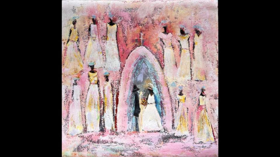This wedding artwork by Caribbean Craft Artist Dominik Ambroise is featured in the “Window of Hope” exhibition at Aventura Mall, Sept. 1-10. Artwork in the show reflects Haitian culture and heritage. 

