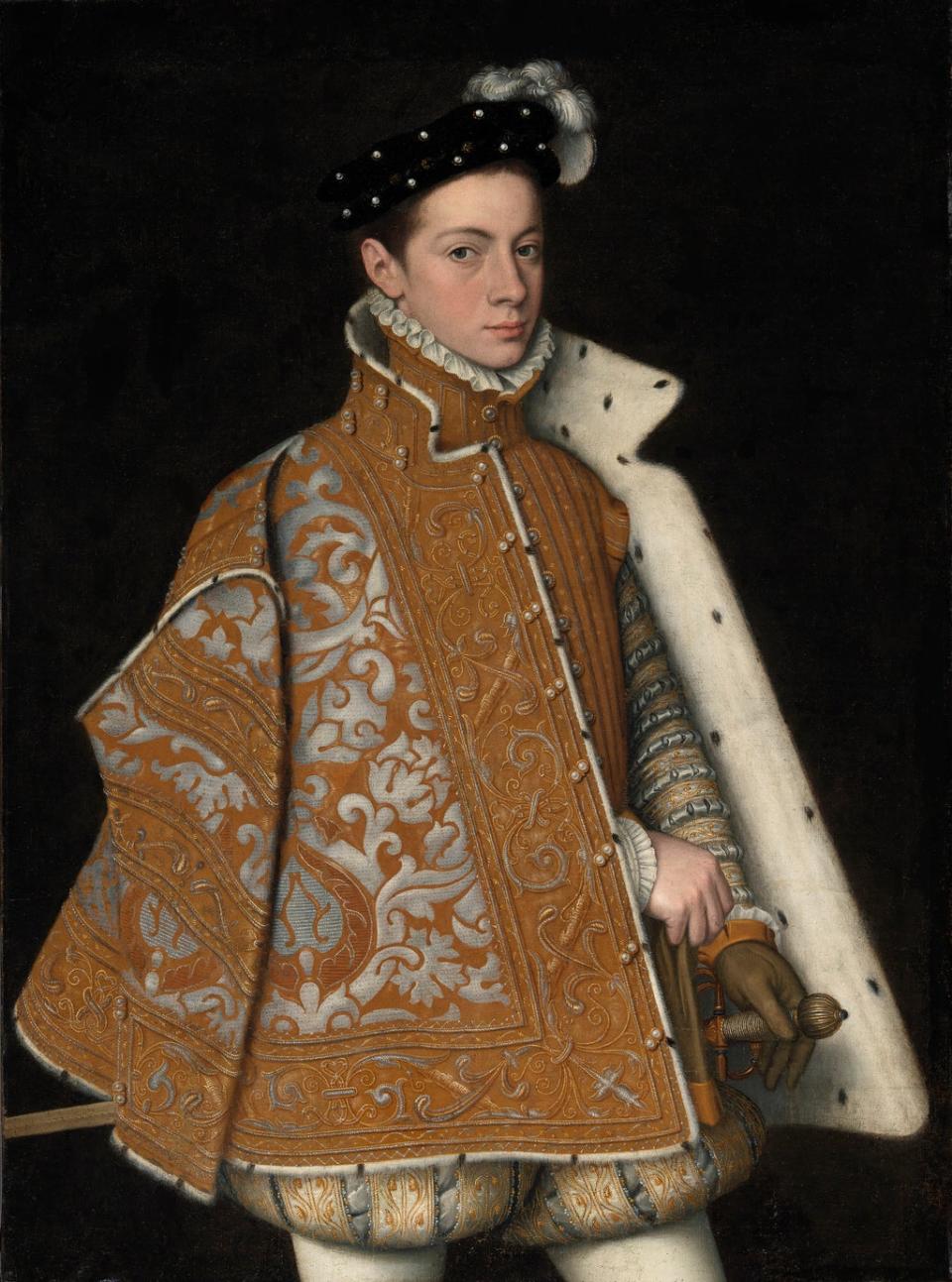 Portrait of Prince Alessandro Farnese (1545-1592), c.1560. A young Italian prince in a fine embroidered cloak and hat. Wearing a doublet and hose.