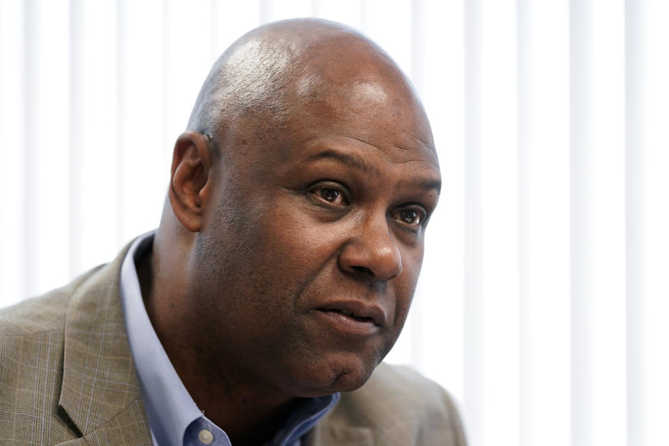 United Auto Workers president Ray Curry talks in his office in Southfield, Mich., Thursday, July 21, 2022. (AP Photo/Paul Sancya)