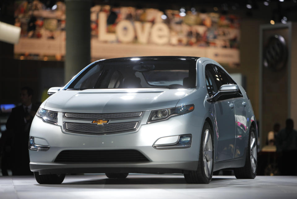 FILE - This Dec. 2, 2009 file picture shows the 2011 Chevrolet Volt during its debut at the Los Angeles Auto Show in Los Angeles. General Motors has stopped making the Chevrolet Volt, a ground-breaking electric car with a gasoline backup motor. The last Volt rolled off the assembly line at a Detroit factory with little ceremony on Tuesday, Feb. 26, 2019. (AP Photo/Jae C. Hong, File)