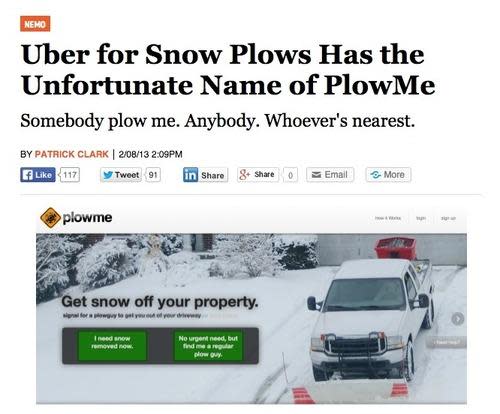 Screenshot: Uber for snow plows has the unfortunate name of PlowMe