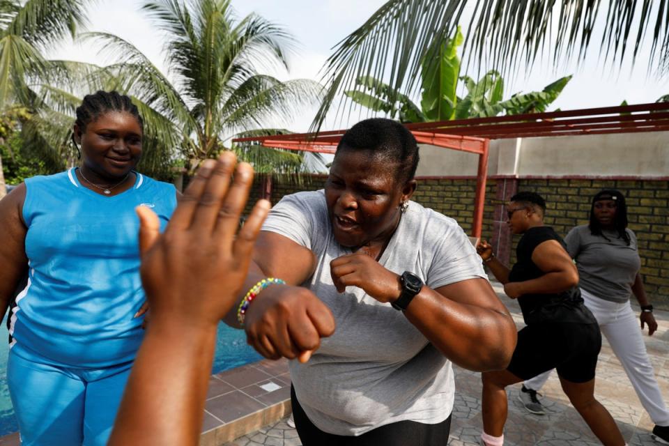 Nsikan Ekandem, Tolulope Ukpanah, Margaret Thomas and Samantha Joseph train during an exercise session at Camp Gee Hotel in Uyo (Reuters)