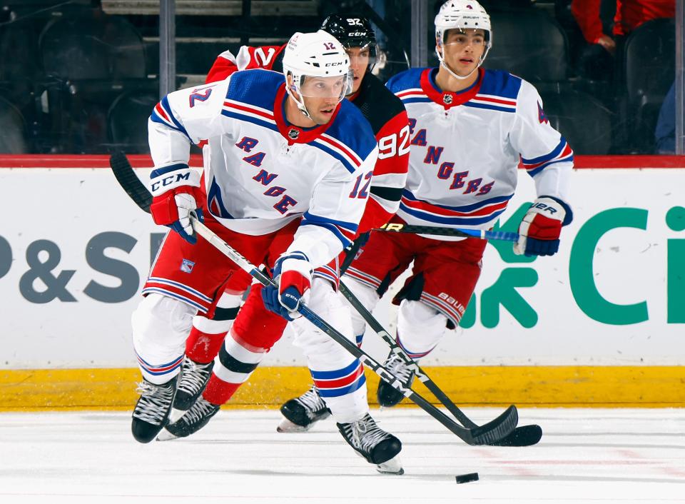NEWARK, NEW JERSEY - OCTOBER 04: Nick Bonino #12 of New York Rangers skates against the New Jersey Devils during the first period at Prudential Center on October 04, 2023 in Newark, New Jersey. (Photo by Bruce Bennett/Getty Images)