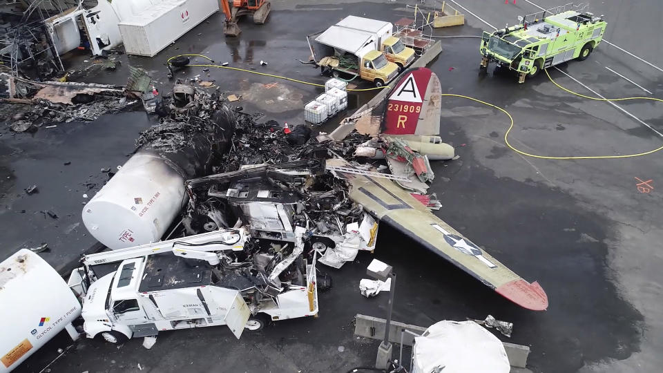 FILE - This file image, taken from an Oct. 3, 2019 video provided by National Transportation Safety Board, shows damage from a World War II-era B-17 bomber plane that crashed on Oct. 2 at Bradley International Airport in Windsor Locks, Conn. The only surviving crew member of the bomber that crashed in Connecticut last year, killing seven people, told investigators that “everything was perfect” before take off and he doesn't understand what went wrong, according to federal documents released Wednesday, Dec. 9, 2020. (NTSB via AP, File)