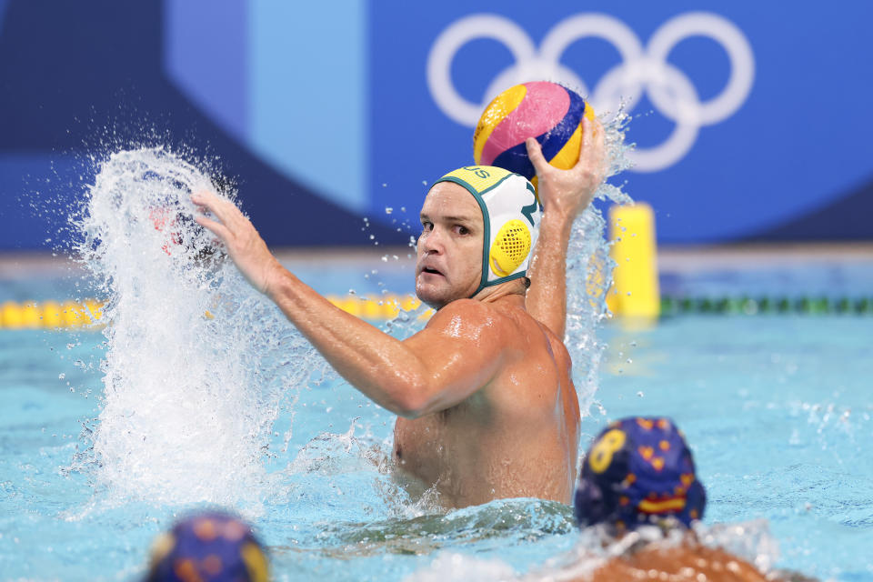 <p>Richard Campbell of Team Australia on attack during the Men's Preliminary Round Group B match between Australia and Spain on day eight of the Tokyo 2020 Olympic Games at Tatsumi Water Polo Centre on July 31, 2021 in Tokyo, Japan. (Photo by Leon Neal/Getty Images)</p> 