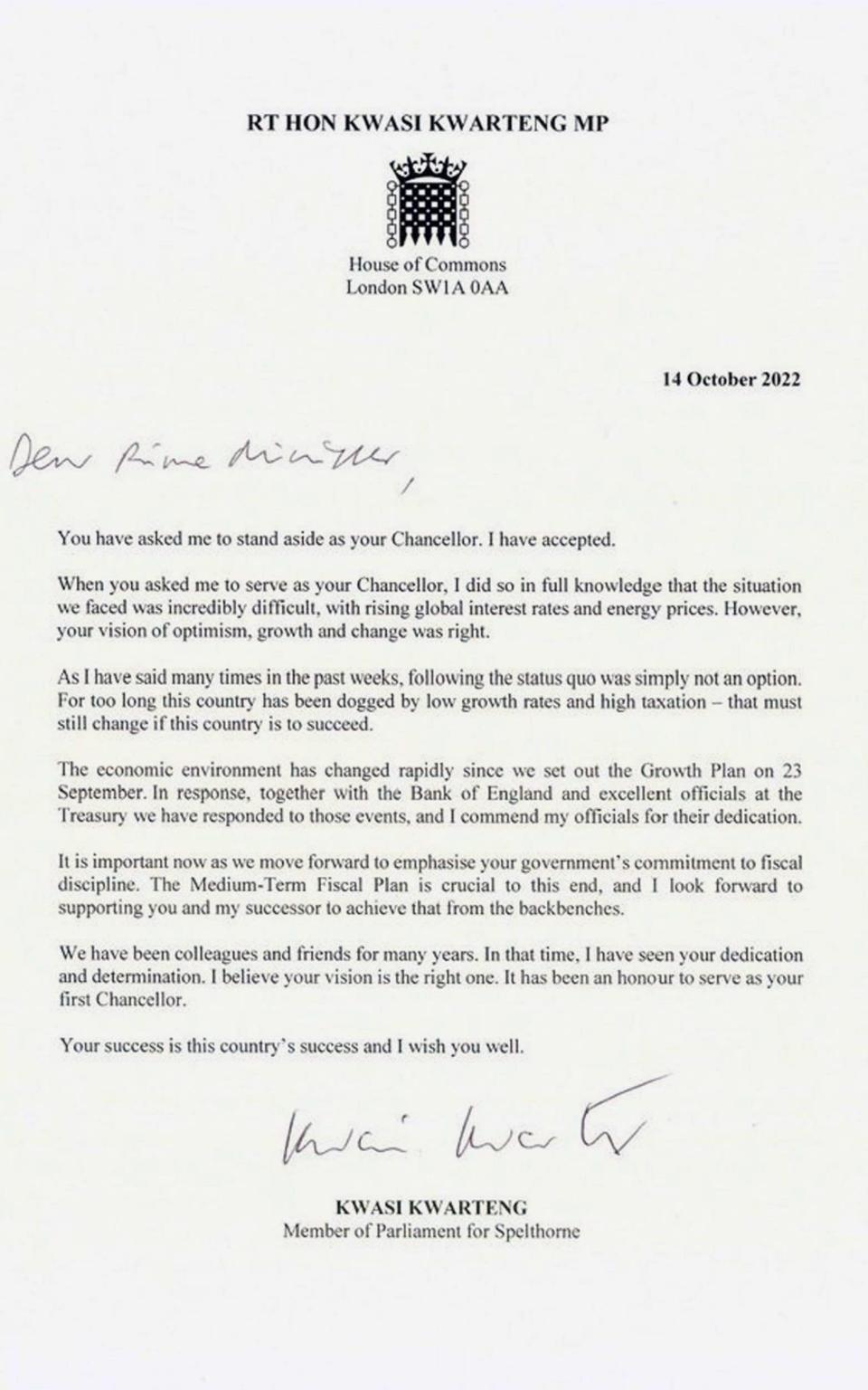 Kwasi Kwarteng's letter confirming his sacking - Kwasi Kwarteng/PA