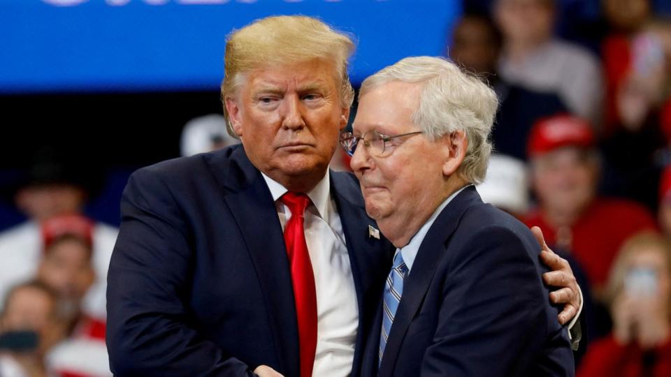 PHOTO: In this Nov. 4, 2019 file photo Senator Mitch McConnell (R-KY) hugs President Donald Trump at a campaign rally at the Rupp Arena in Lexington, Ky. (Yuri Gripas/Reuters)