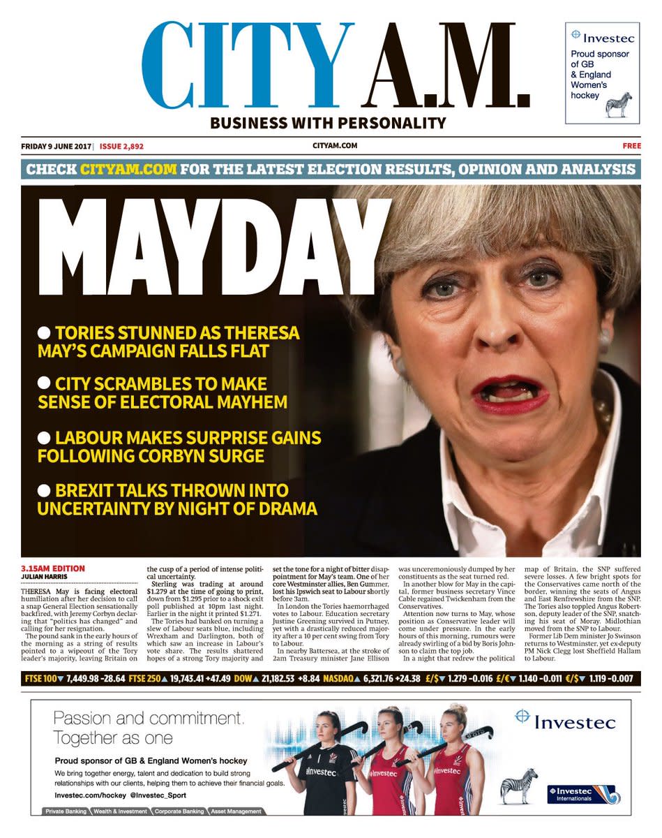 With a bold ‘Mayday’ headline, City A.M. front cover focuses on the turmoil caused in the business sector by the electoral mayhem