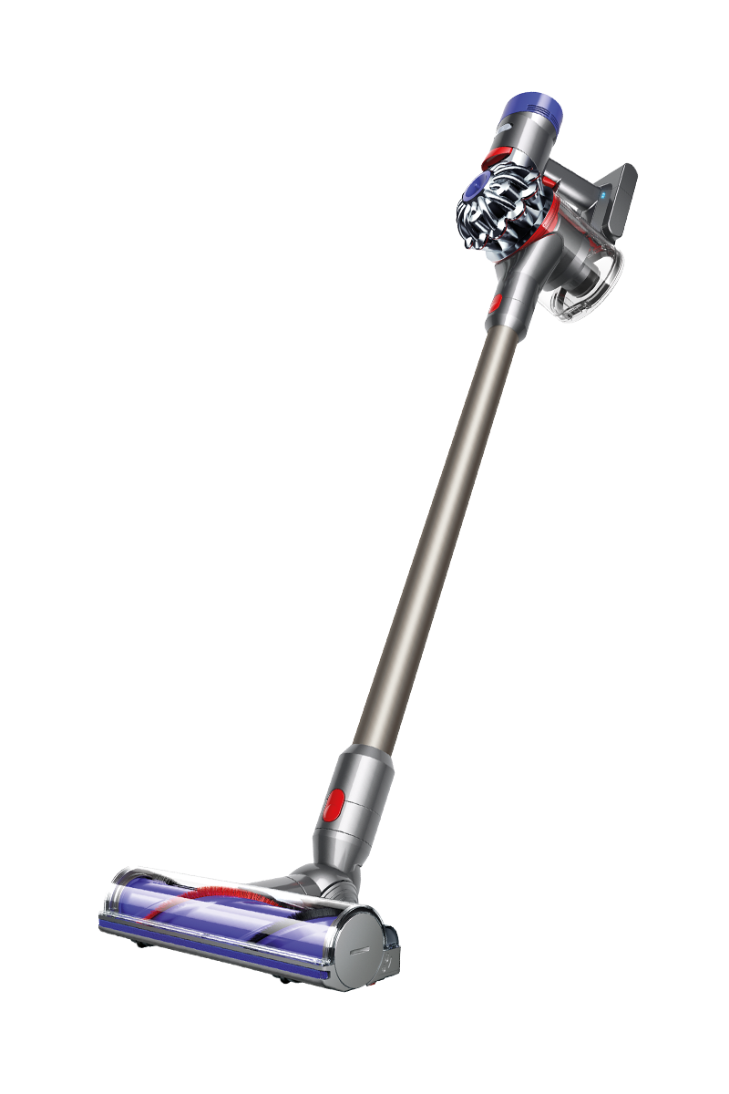 Dyson V8 Animal stick vacuum cleaner shown on a grey background in shades of purple, red and grey.