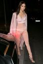 <p>Post Balmain show and brunette locks, Hadid stepped out in Paris wearing a head to toe blush pink look. </p>