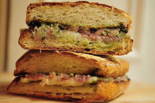 Prosciutto and Fontina Panini with Arugula Pesto