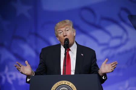 U.S. President Donald Trump addresses the American Conservative Union's annual Conservative Political Action Conference (CPAC) in National Harbor, Maryland. U.S., February 24, 2017. REUTERS/Kevin Lamarque