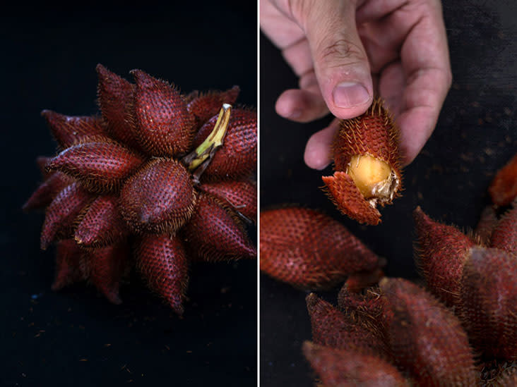 Peel back the scale-like skin of the 'sala' fruit to reveal the golden-hued flesh inside.