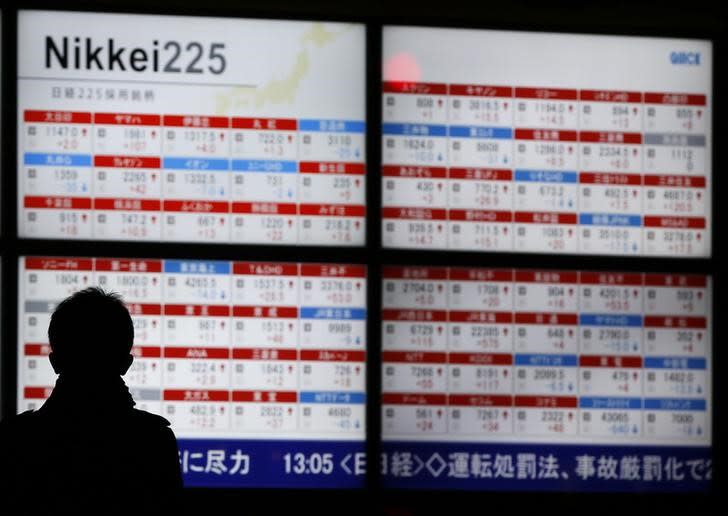 A man walks past a stock quotation board outside a brokerage in Tokyo February 19, 2015. REUTERS/Toru Hanai