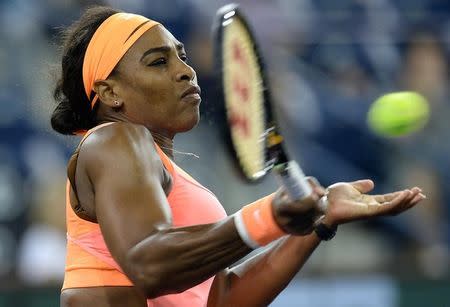 Mar 18, 2015; Indian Wells, CA, USA; Serena Williams (USA) during her match against Timea Bacsinszky (SUI) in the BNP Paribas open at the Indian Wells Tennis Garden. Mandatory Credit: Jayne Kamin-Oncea-USA TODAY Sports