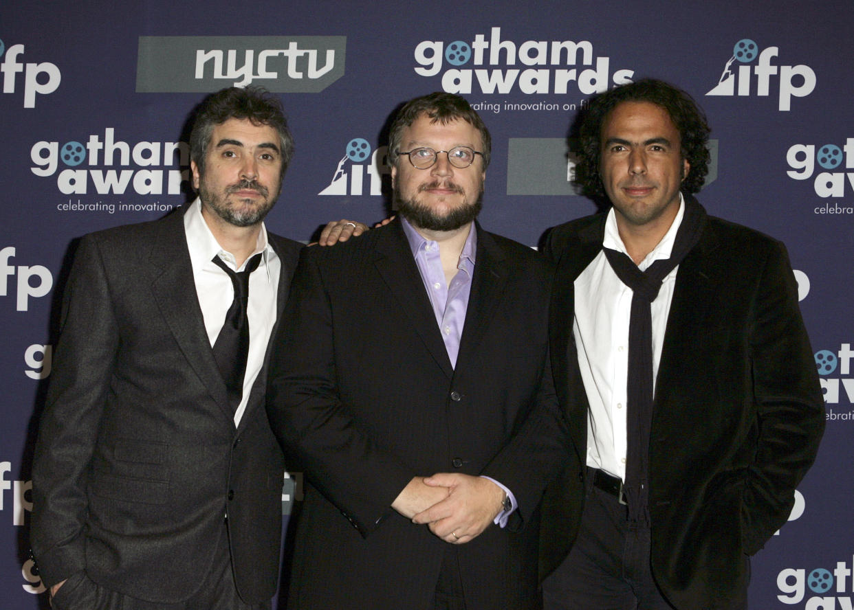 Alfonso Cuaron, Guillermo del Toro y Alejandro Gonzalez Iñárritu en 2006 in New York. (AP Photo/Dima Gavrysh)