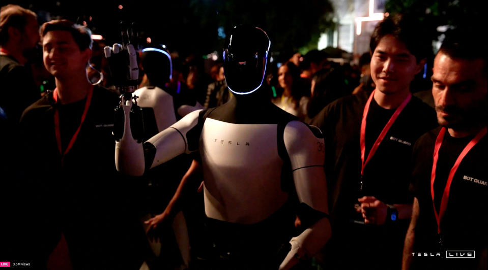 Tesla's Optimus robot gestures on the day of an unveiling event in Los Angeles, California, U.S. October 10, 2024, in this still image taken from a video. Tesla/Handout via REUTERS