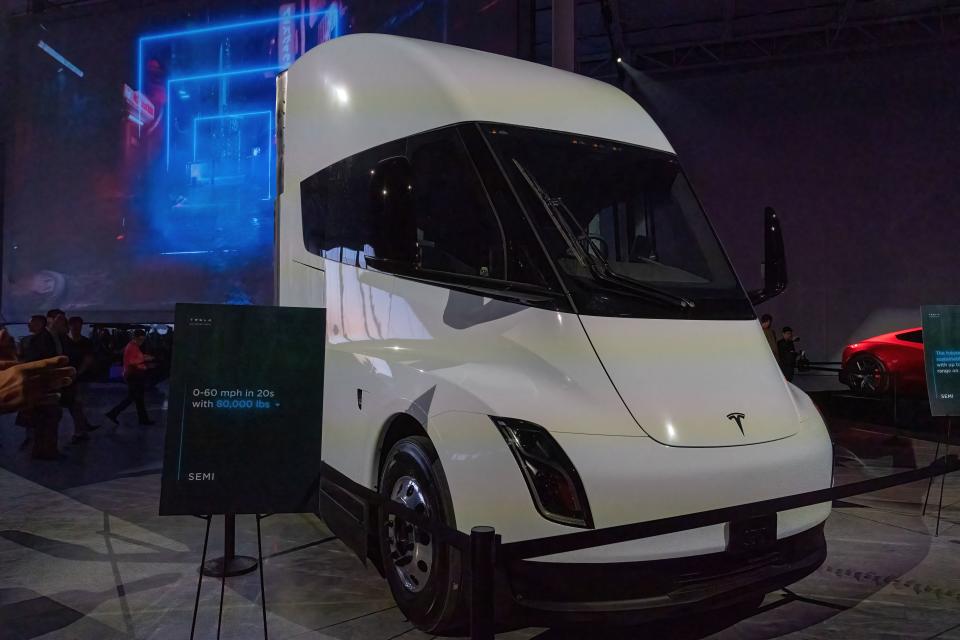 The Tesla Semi is on display at the Tesla Giga Texas manufacturing facility during the 