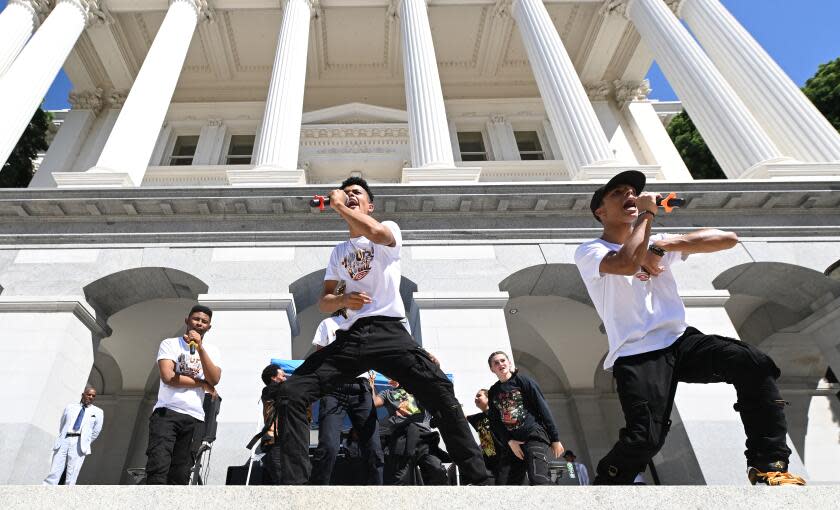 Sacramento, California August 14, 2023-Hip- Hop music group MRB performs in front of the Sate Capitol in Sacramento Monday. California celebrated the 50th anniversary of hip-hop with a recognition and peace rally. (Wally Skalij/Los Angles Times)