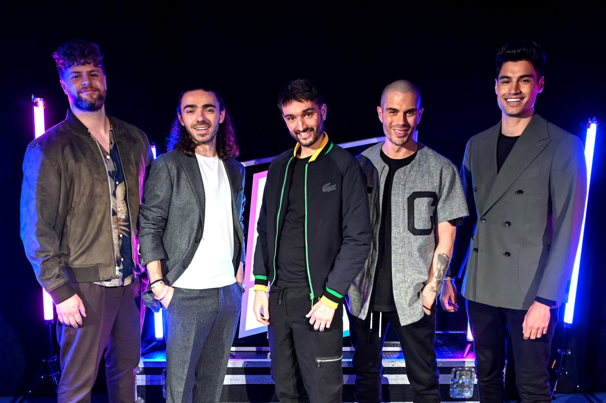 Tom (centre) with his The Wanted bandmates (l-r) Jay McGuiness, Nathan Sykes, Max George and Siva Kaneswaran, performed with the group just weeks before his death (Getty) 