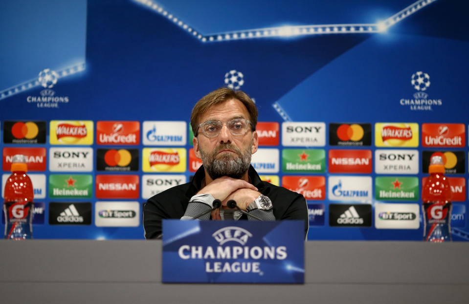 Jurgnen Klopp previews Liverpool v Man City at Anfield on April 3, 2018 in Liverpool, England.