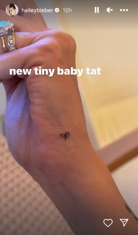 Hailey Bieber reveals 'New Tiny Baby' tattoo in the shape of a bow
