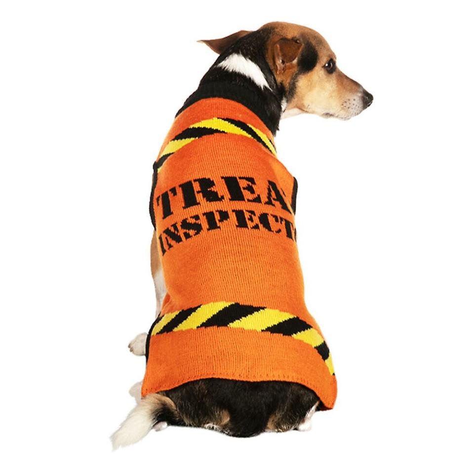 Dog wearing a Tipsy Elves® Halloween "Treat Inspector" Dog Sweater on a white background