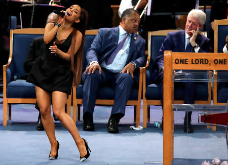 Singer Ariana Grande performs at the funeral service for the late singer Aretha Franklin at the Greater Grace Temple in Detroit, Michigan, U.S., August 31, 2018. REUTERS/Mike Segar
