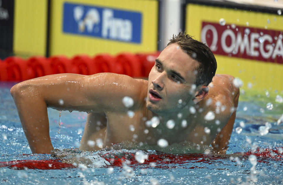 FILE - Kristof Milak of Hungary reacts after the men's 100m butterfly semifinal at the 19th FINA World Championships swimming event in Budapest, Hungary, Thursday, June 23, 2022. Milák decided he was in no shape -- mentally or physically -- to compete this summer. (AP Photo/Anna Szilagyi, File)