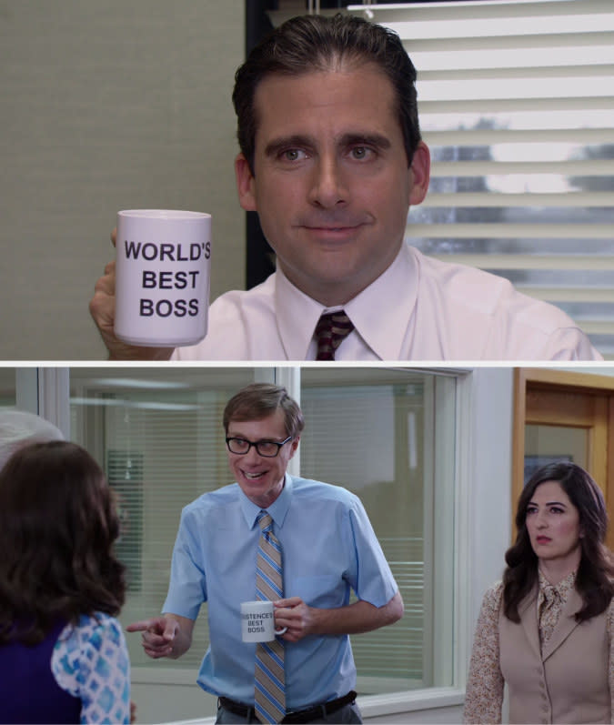 Michael holding the World's Best Boss mug on The Office and Neil holding the Existence's Best Boss mug on The Good Place