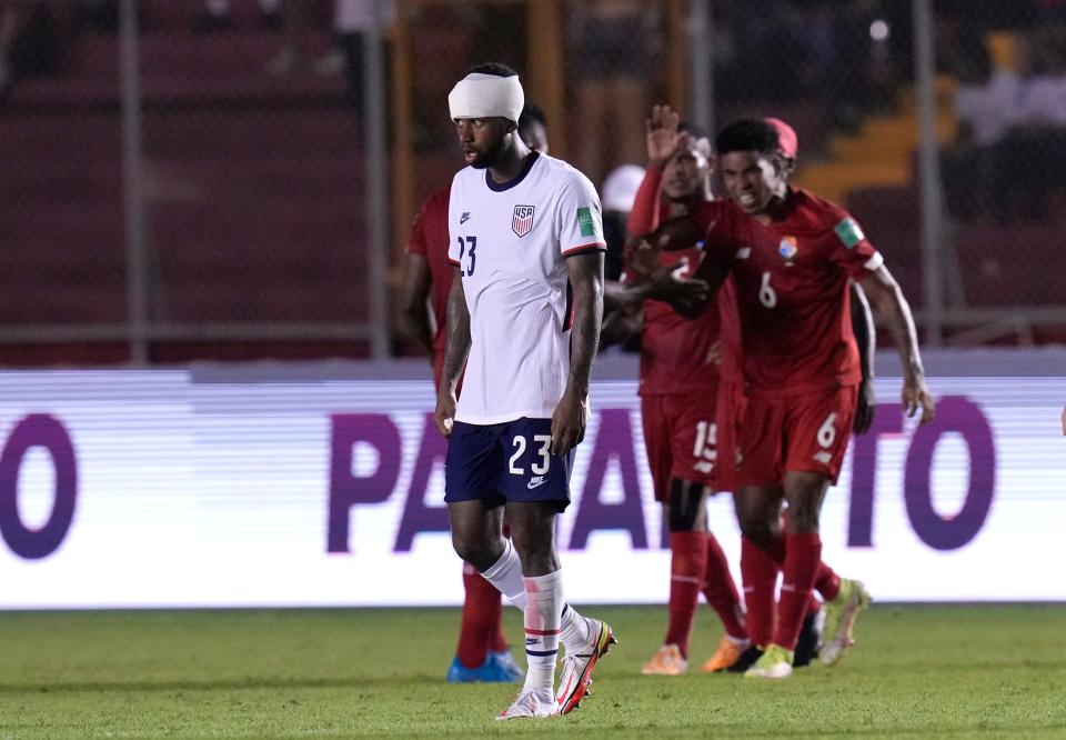 Kellyn Acosta reacts after losing to Panama in a Concacaf World Cup qualifier at Rommel Fernandez stadium, Panama City, Panama.