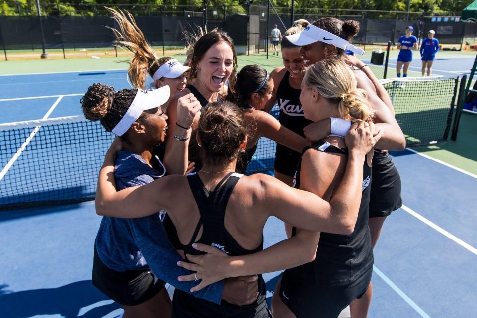 The Xavier women's tennis team celebrates its fourth consecutive Big East Championship at Cayce Tennis & Fitness Club in Cayce, South Carolina on April 22, 2024.