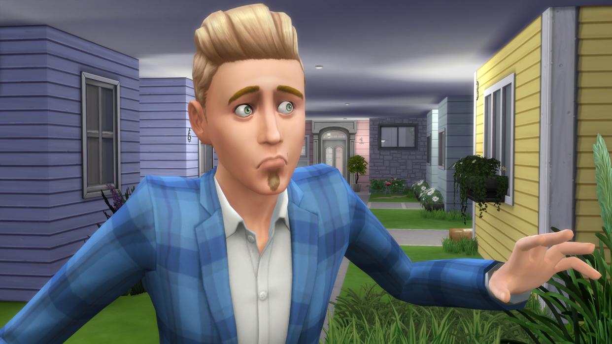  The Sims 4 - a man Sim in a blue suit walks fearfully through an underground city. 