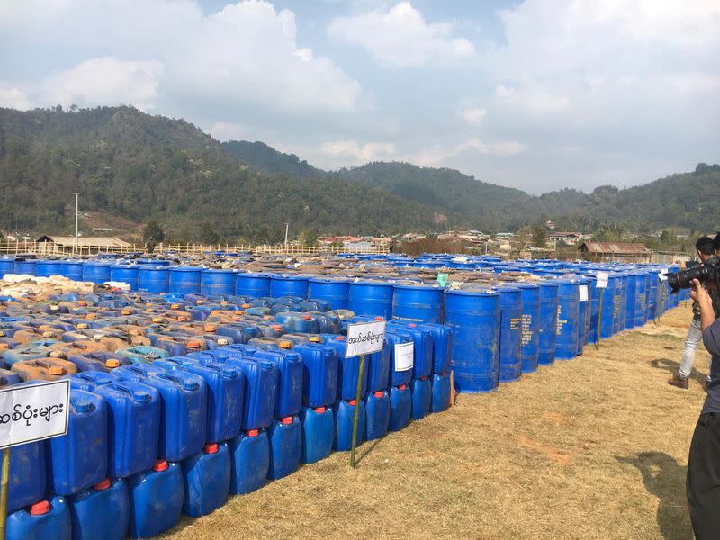 Undated handout photo of precursor chemicals used to make illicit drugs such as methamphetamine, ketamine, heroin and fentanyl seized by Myanmar police and military near Loikan village in Shan State