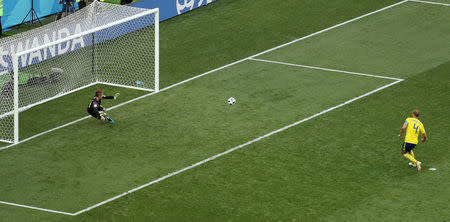 Soccer Football - World Cup - Group F - Sweden vs South Korea - Nizhny Novgorod Stadium, Nizhny Novgorod, Russia - June 18, 2018 Sweden's Andreas Granqvist scores their first goal from the penalty spot REUTERS/Lucy Nicholson