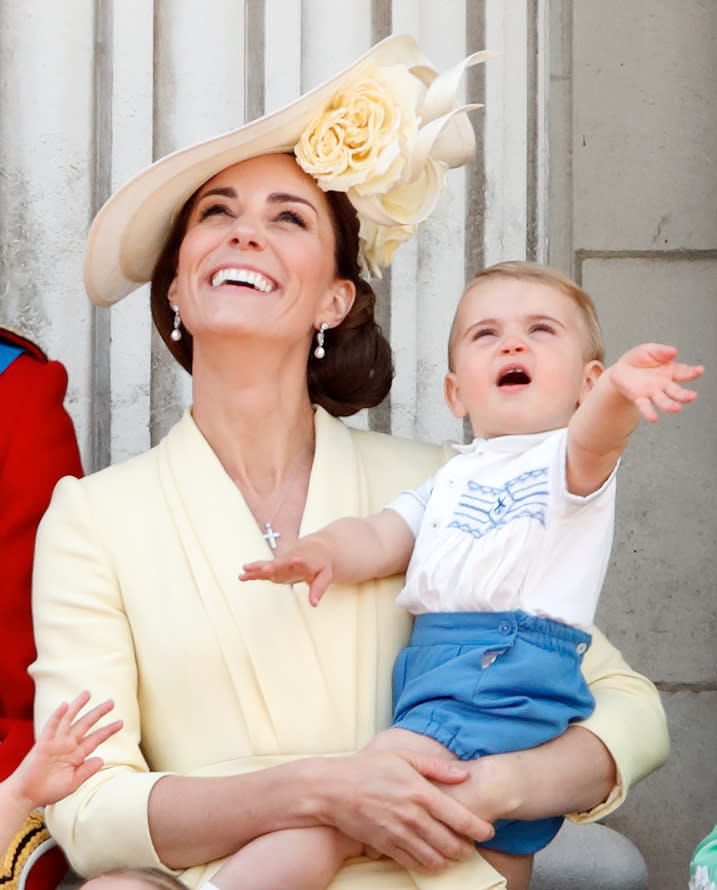 Catherine, Duchess of Cambridge and Prince Louis of Cambridge watch a flypast from the balcony of Buckingham Palace during Trooping The Colour, the Queen's annual birthday parade, on June 8, 2019 in London, England. The annual ceremony involving over 1400 guardsmen and cavalry, is believed to have first been performed during the reign of King Charles II. The parade marks the official birthday of the Sovereign, although the Queen's actual birthday is on April 21st. (Photo by Max Mumby/Indigo/Getty Images)