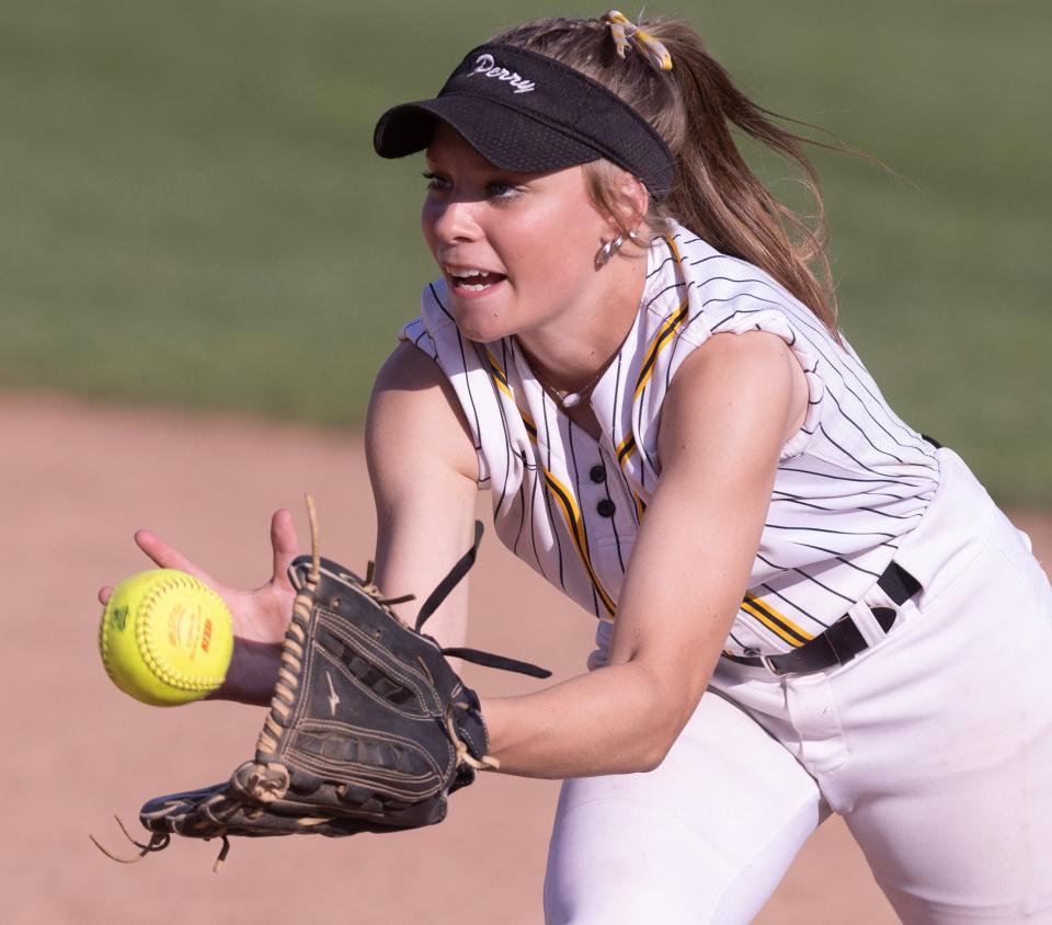 Perry's Grace Steiner makes a fourth inning out against GlenOak on Wednesday.