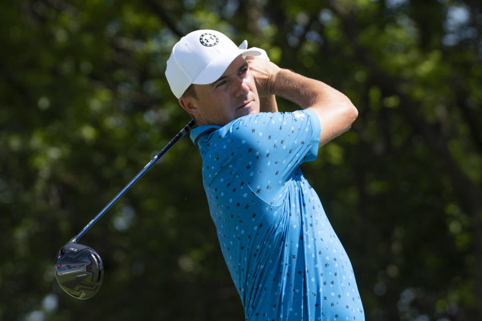 Jordan Spieth tees off of the second hole during the third round of the AT&T Byron Nelson golf tournament in McKinney, Texas, on Saturday, May 14, 2022. (AP Photo/Emil Lippe)