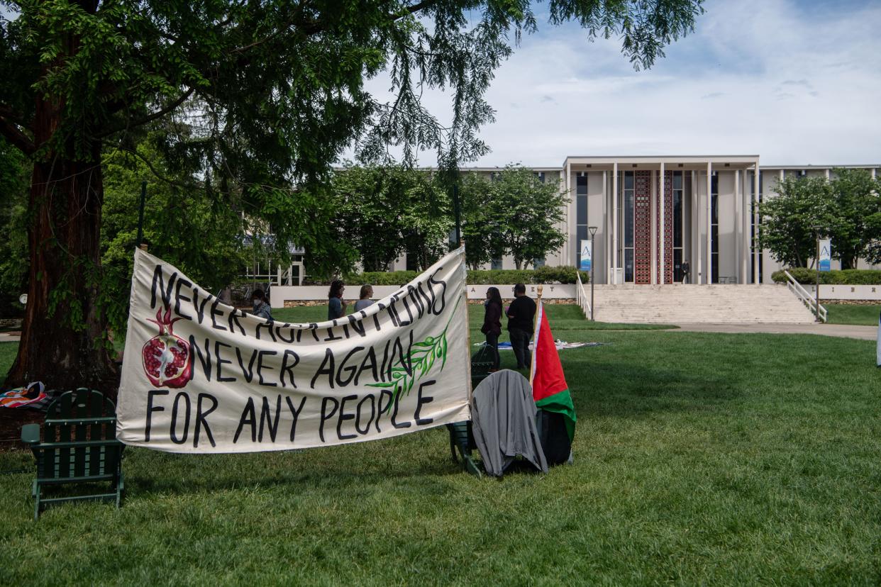 A small group was gathered on the Quad at UNC Asheville in support of Palestine, May 6, 2024.