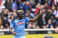Napoli's Victor Osimhen celebrates after scoring during the Serie A soccer match between Torino and Napoli at the Turin Olympic stadium, Italy, Sunday, March 19, 2023. (Fabio Ferrari/LaPresse via AP)