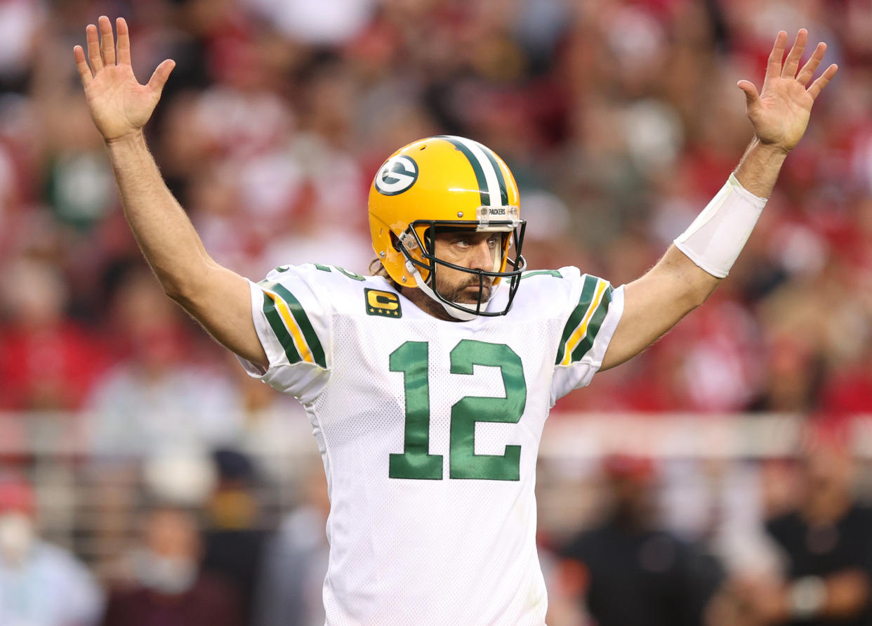 SANTA CLARA, CALIFORNIA - SEPTEMBER 26: Aaron Rodgers #12 of the Green Bay Packers celebrates after a touchdown during the second quarter against the San Francisco 49ers in the game at Levi's Stadium on September 26, 2021 in Santa Clara, California. (Photo by Ezra Shaw/Getty Images)