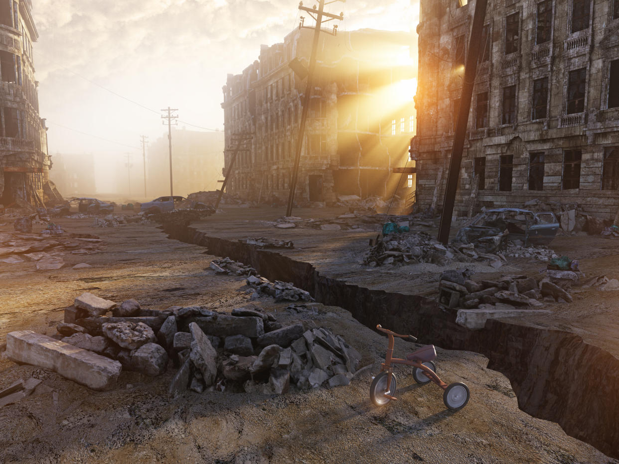 ruins of a city with a crack in the street. 3d illustration concept