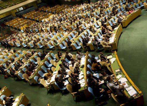 Delegates vote during the United Nations General Assembly meeting on Syria