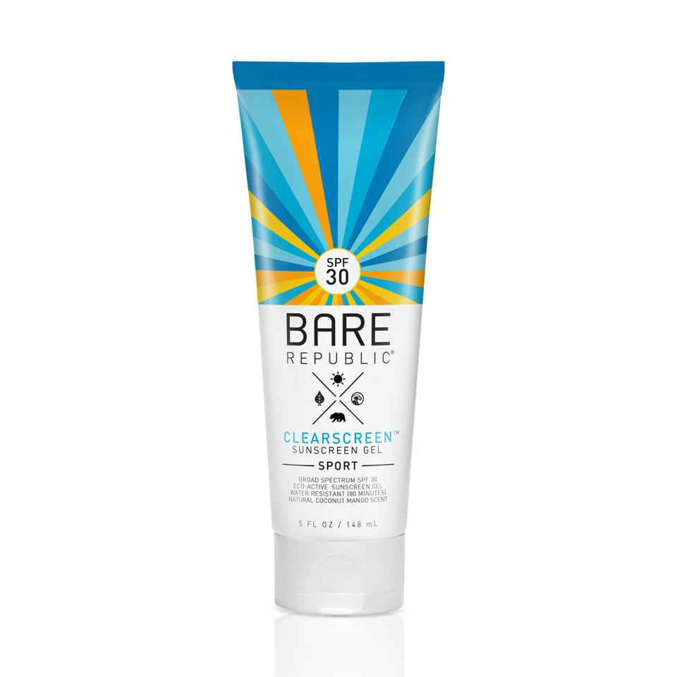 <p>If you’re a sports sunscreen diehard, this is the perfect natural formula for you. Its clear gel formula is water resistant up to 80 minutes, and it’s quick-drying, nongreasy, and forgoes all the scary chemicals found in most sports sunscreens. <a rel="nofollow noopener" href="https://www.barerepublicnaturals.com/product/clearscreen-spf-30-sport-sunscreen-gel/" target="_blank" data-ylk="slk:Bare Republic Clearscreen Sport Sunscreen Gel Broad Spectrum SPF 30;elm:context_link;itc:0;sec:content-canvas" class="link ">Bare Republic Clearscreen Sport Sunscreen Gel Broad Spectrum SPF 30</a>, $14. (Photo: Bare Republic) </p>