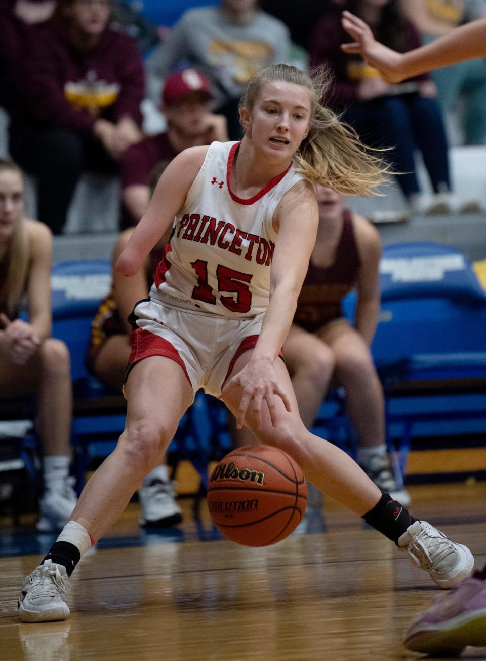 Princeton's Lexi Smith (15) goes on the offense against Gibson Southern during their Class 3A regional at Charlestown High School  Saturday night, Feb. 11, 2023. Gibson Southern beat Princeton 71-55 to advance to semi-state next Saturday, Feb. 18, 2023.